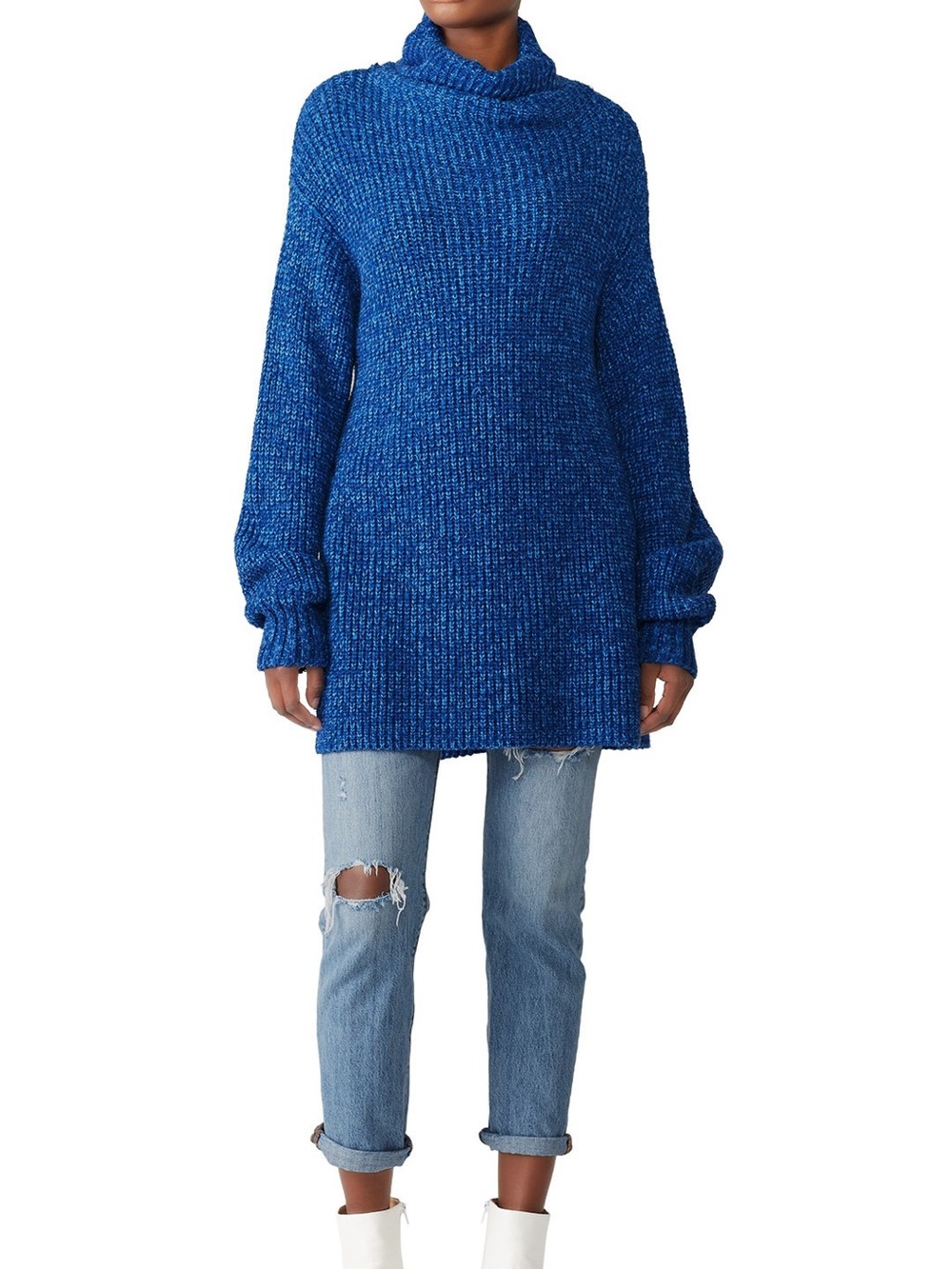 Free People Eleven Ribbed Knit Turtleneck Sweater XS Blue Side Slit Tunic
